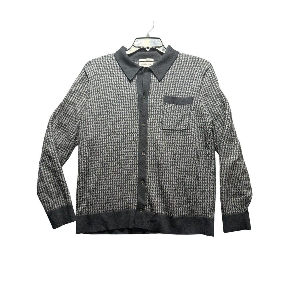 Lands' End Cardigan Sweater Mens L Gray Houndstooth Merino Wool Button Up